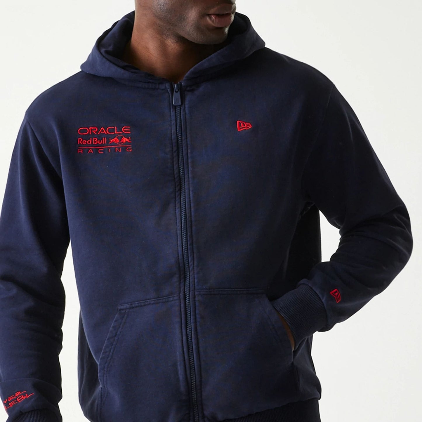 The Male model is wearing Red Bull Racing Dark Blue Oversized Full Zip Hoodie 5