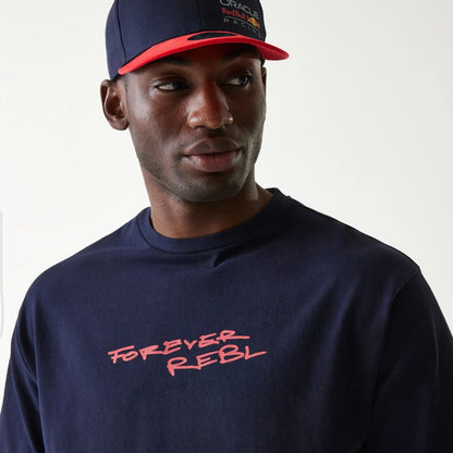 The Male model is wearing Red Bull Racing Back Graphic Dark Blue Oversized T-Shirt 6