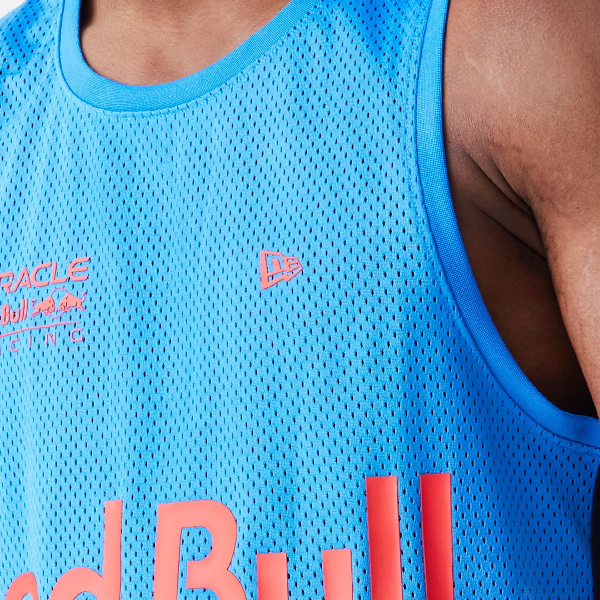 The Male model is wearing Red Bull Racing Basketball Mesh Blue Sleeveless T-Shirt 4