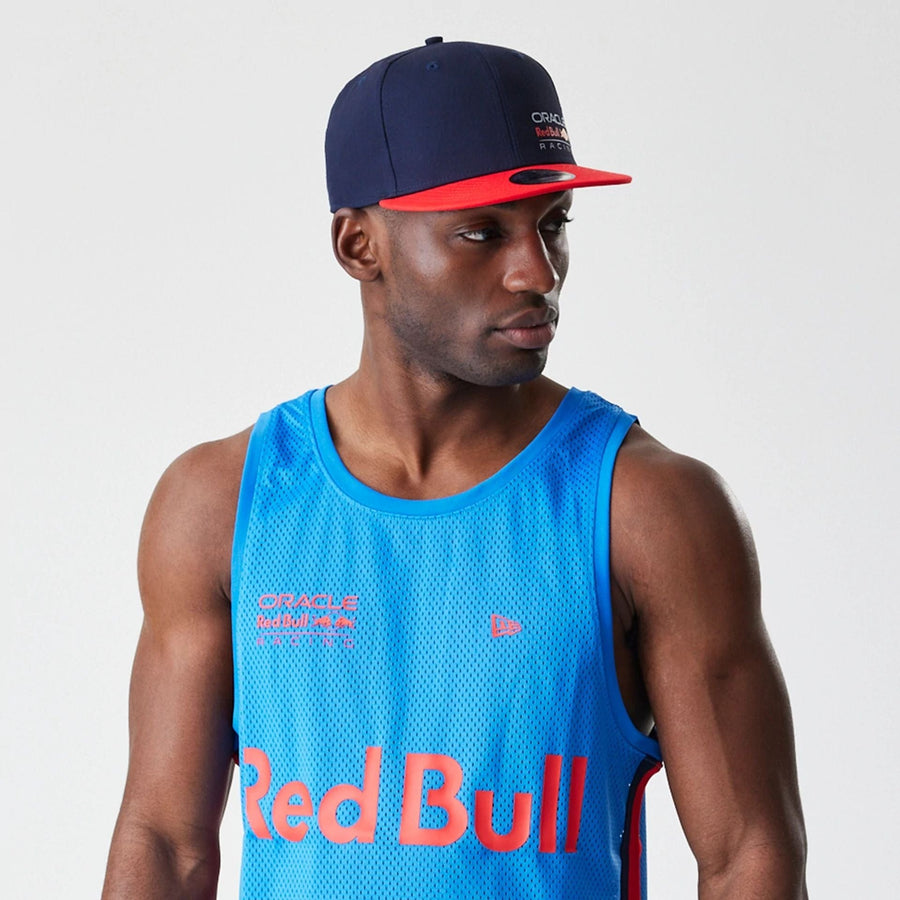 The Male model is wearing Red Bull Racing Basketball Mesh Blue Sleeveless T-Shirt 6