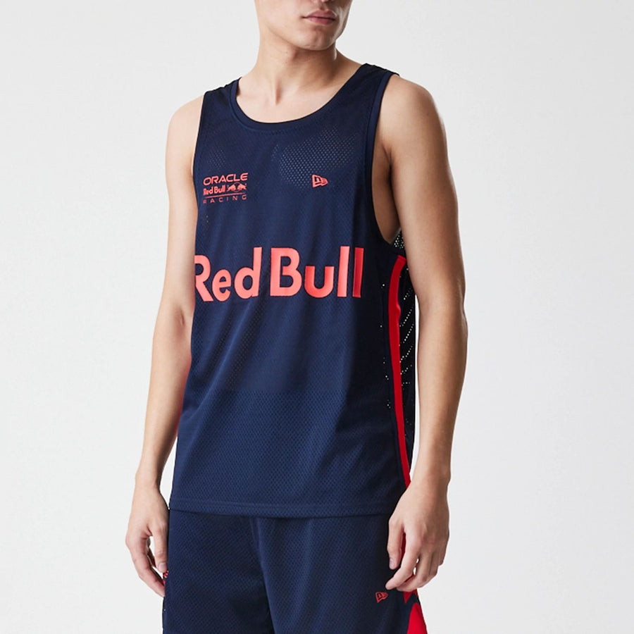 The Male model is wearing Red Bull Racing Basketball Mesh Dark Blue Sleeveless T-Shirt 2