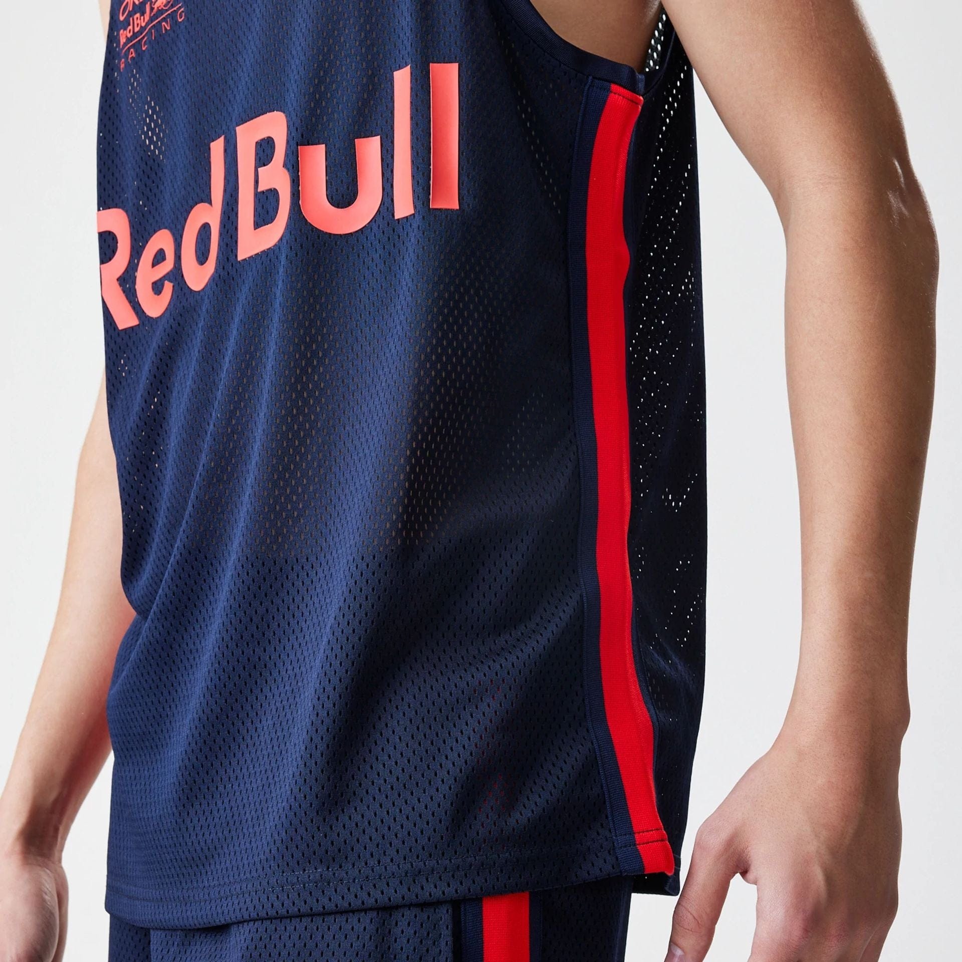 The Male model is wearing Red Bull Racing Basketball Mesh Dark Blue Sleeveless T-Shirt 3
