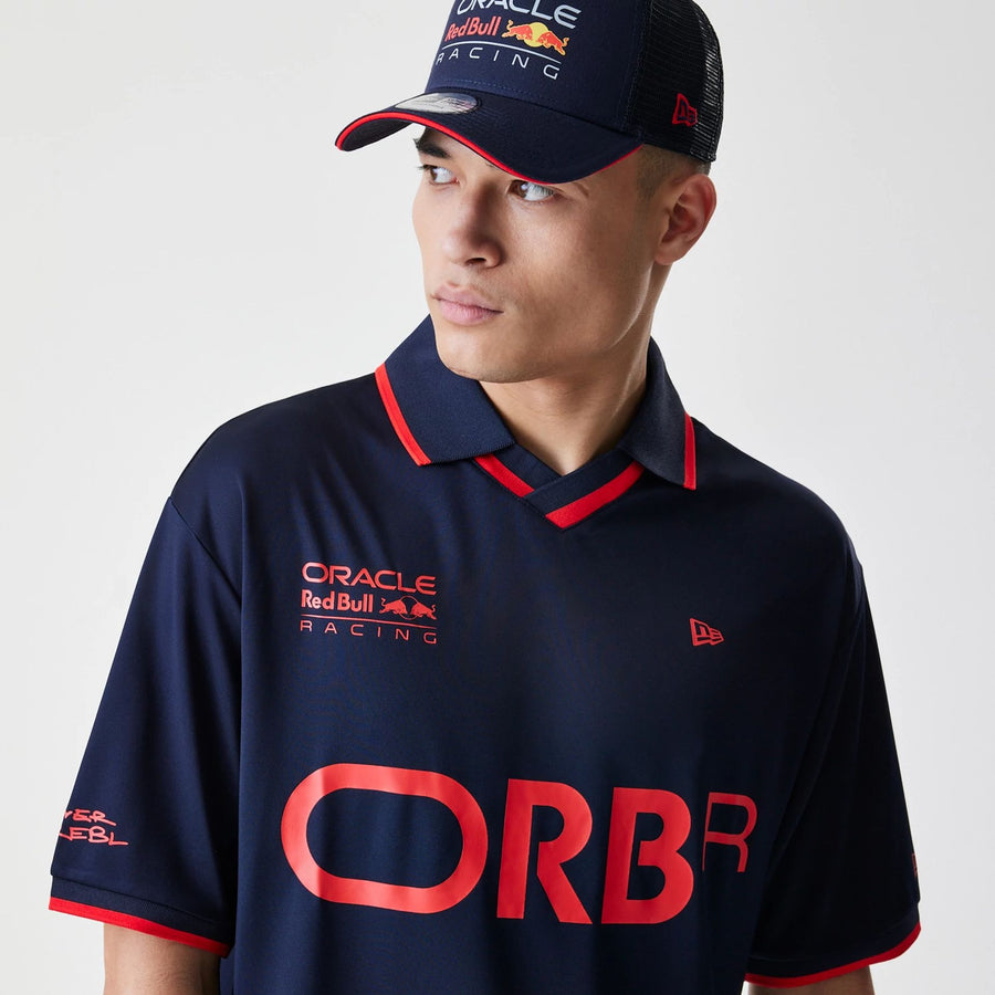 The Male model is wearing Red Bull Racing Graphic Dark Blue Football Jersey 6