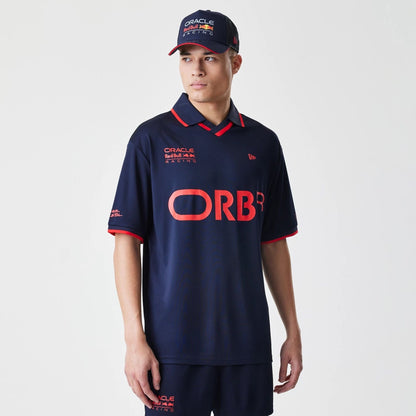 The Male model is wearing Red Bull Racing Graphic Dark Blue Football Jersey 1
