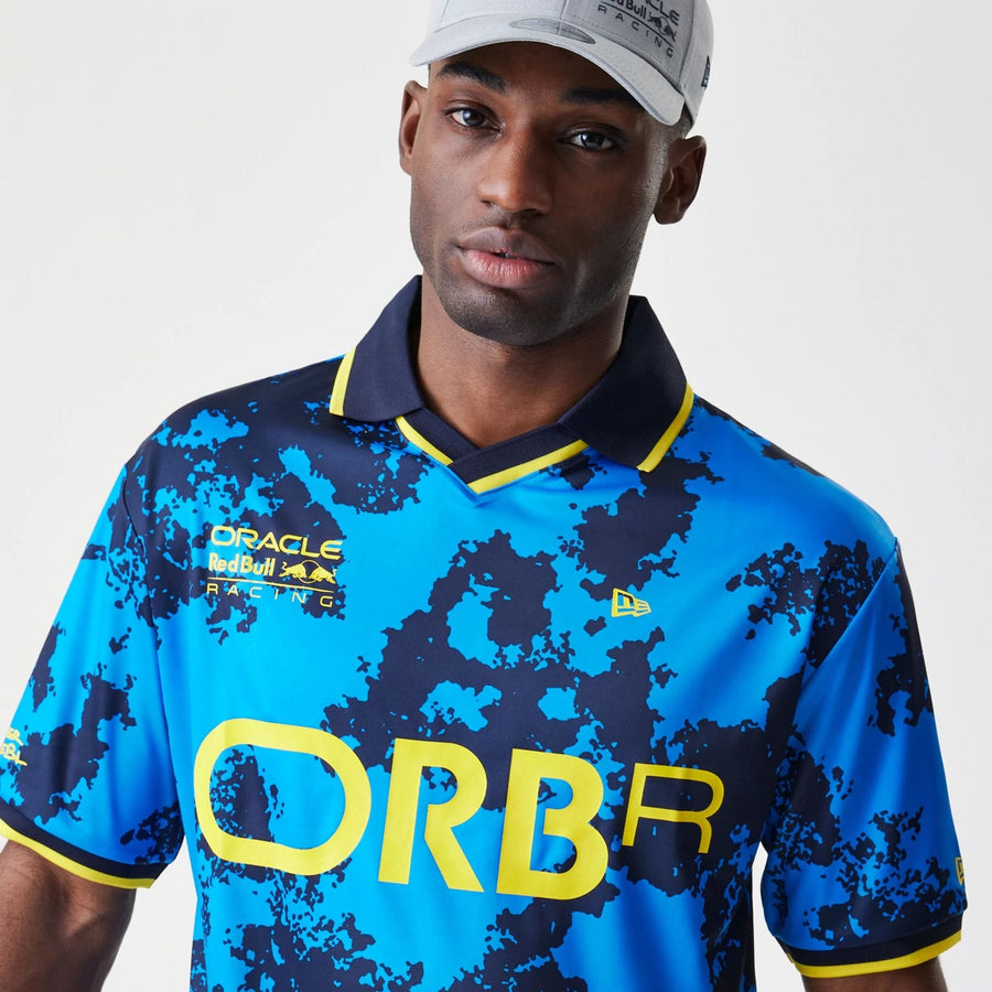 The Male model is wearing Red Bull Racing Graphic Blue Football Jersey 6