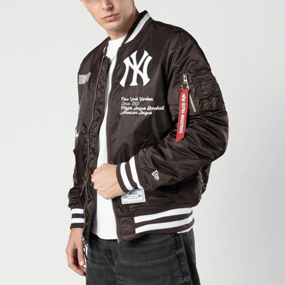 The Male model is wearing New York Yankees MLB X Alpha Dark Brown Bomber Jacket 4