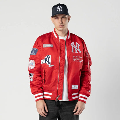 The Male model is wearing New York Yankees MLB X Alpha Red Bomber Jacket 1