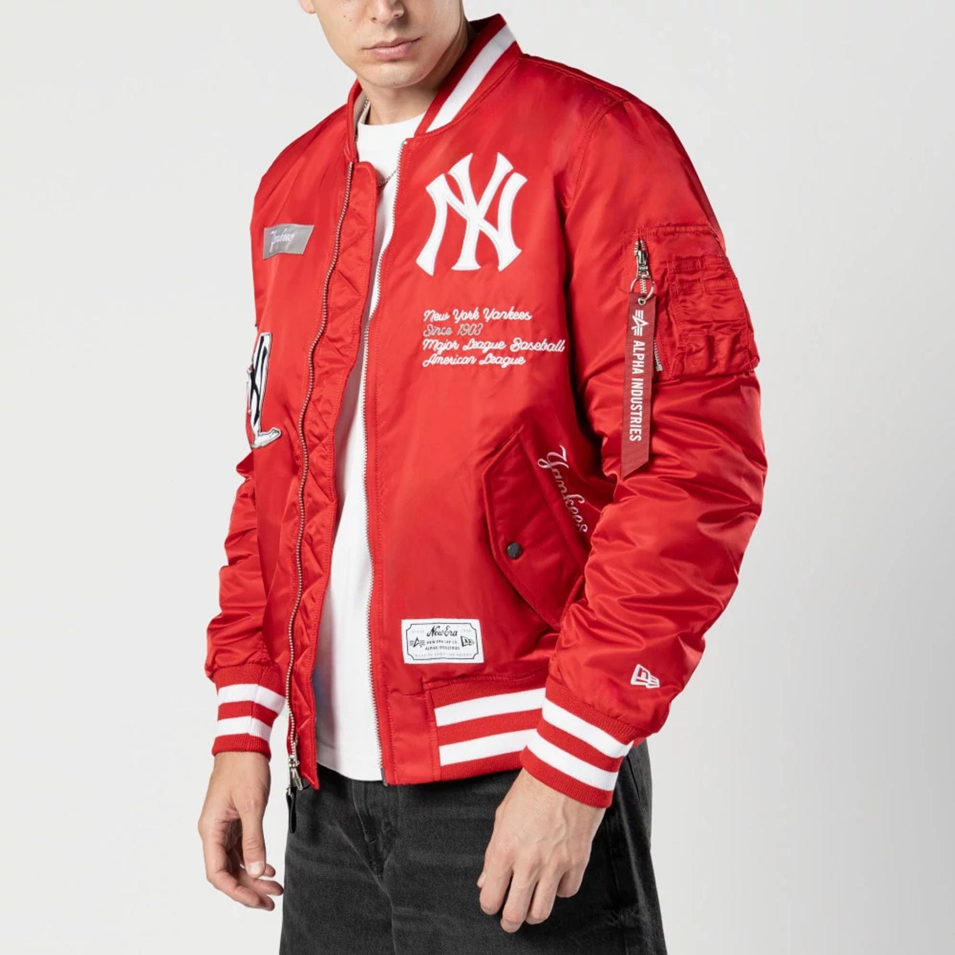 The Male model is wearing New York Yankees MLB X Alpha Red Bomber Jacket 4