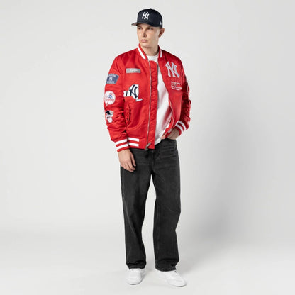 The Male model is wearing New York Yankees MLB X Alpha Red Bomber Jacket 5