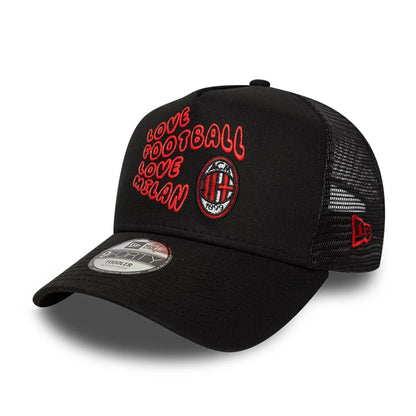 This is a AC Milan Youth Puff Print Black 9FORTY A-Frame Trucker Adjustable Cap 1