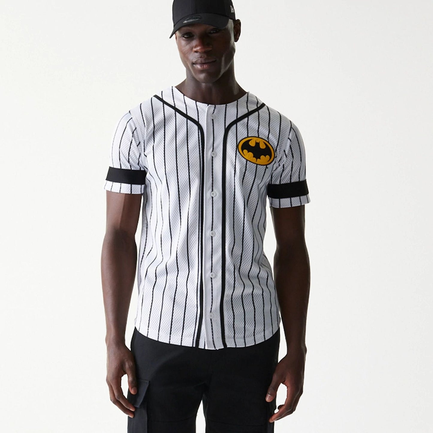 The Male model is wearing Batman Pinstripe White Jersey 7