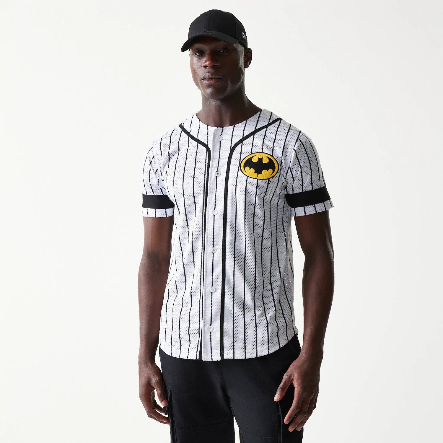 The Male model is wearing Batman Pinstripe White Jersey 1