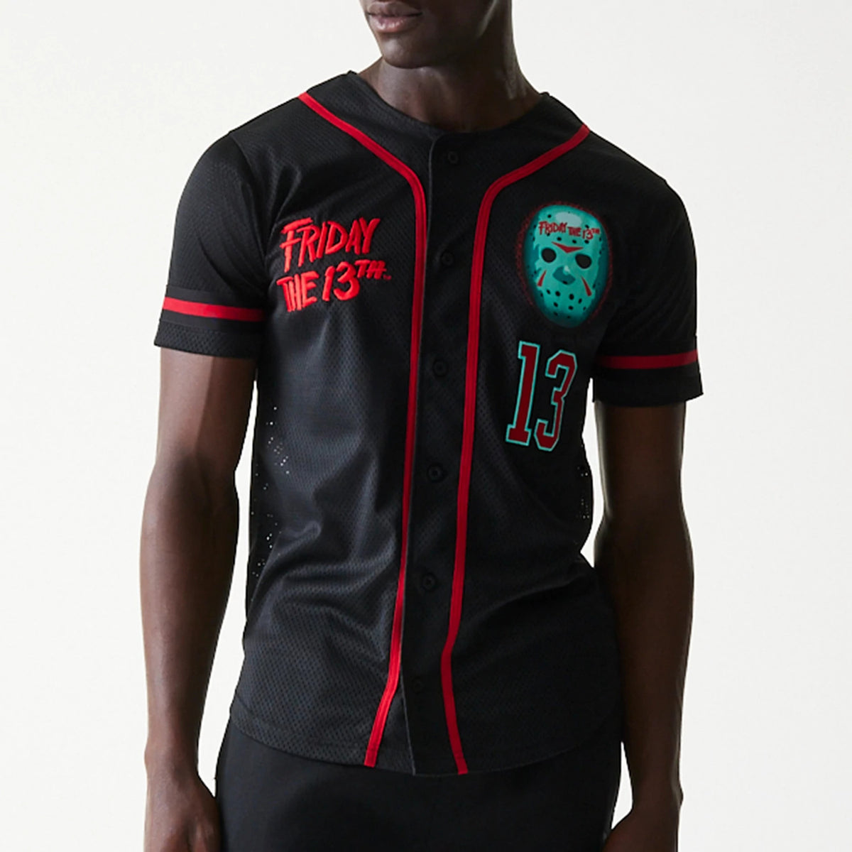 The Male model is wearing Friday The 13Th Black Jersey 3