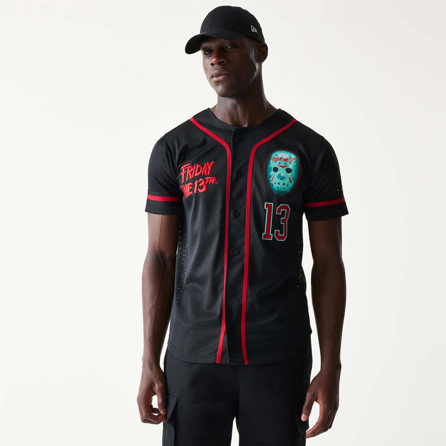 The Male model is wearing Friday The 13Th Black Jersey 1
