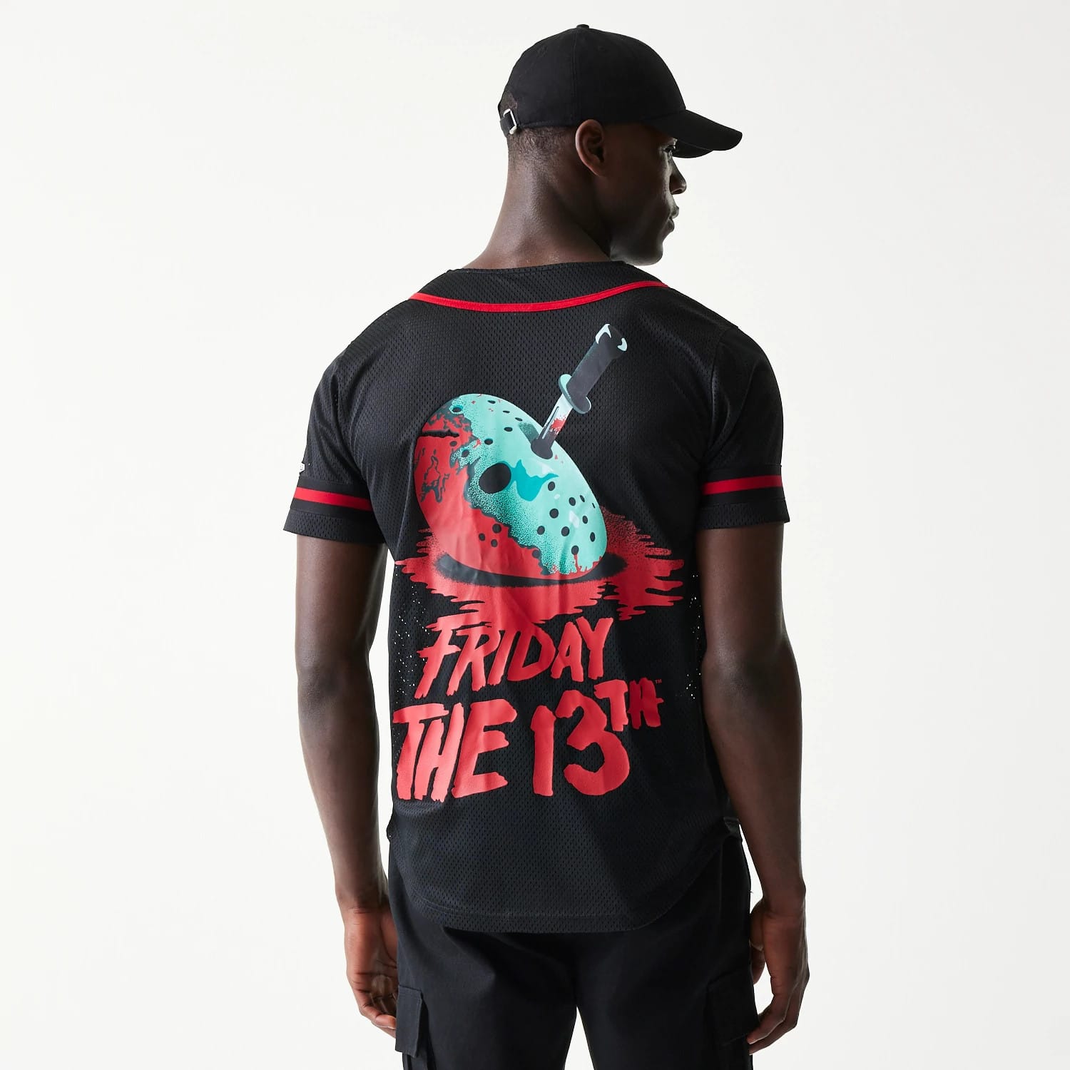 The Male model is wearing Friday The 13Th Black Jersey 2