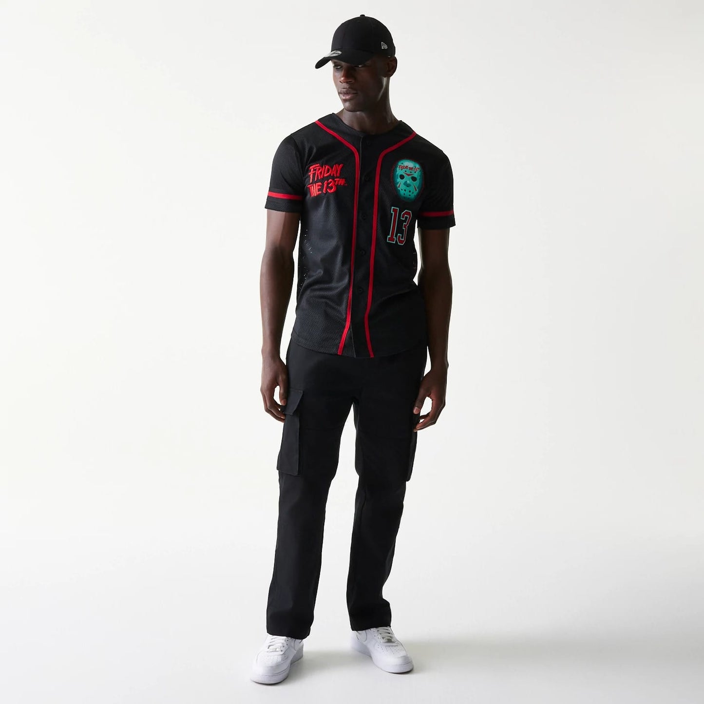 The Male model is wearing Friday The 13Th Black Jersey 8