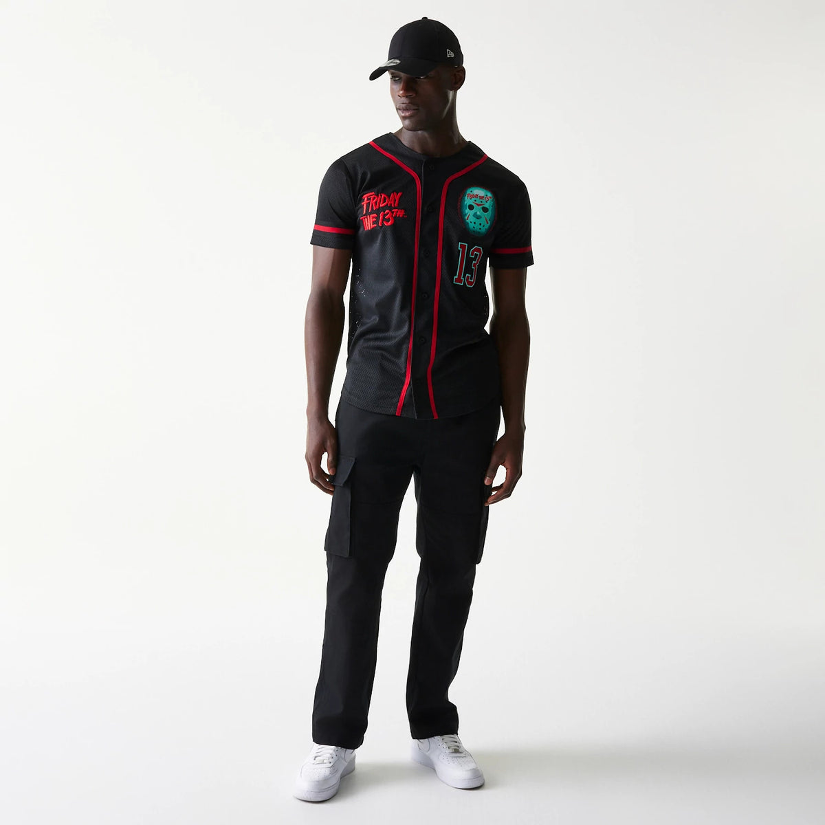 The Male model is wearing Friday The 13Th Black Jersey 8