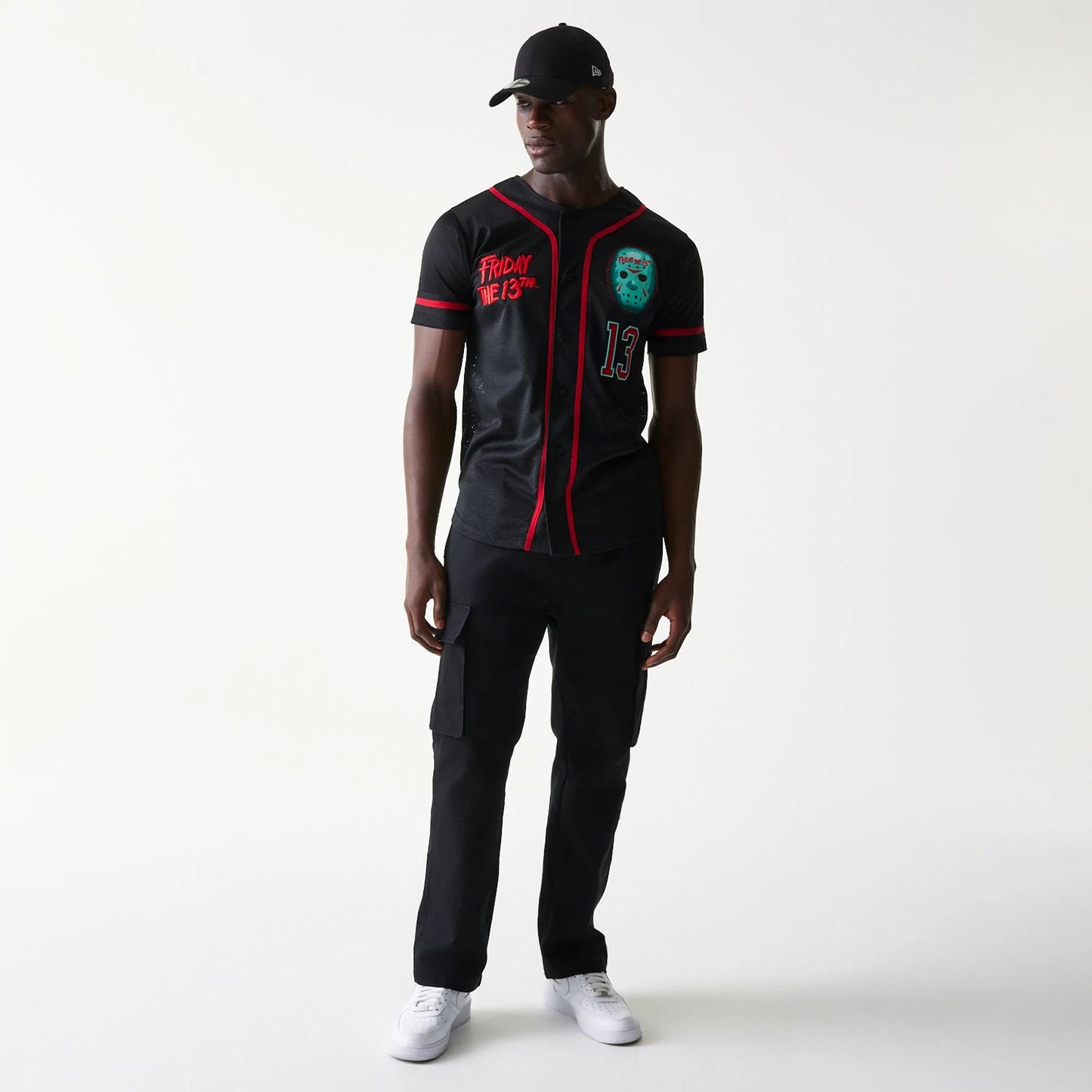 The Male model is wearing Friday The 13Th Black Jersey 8