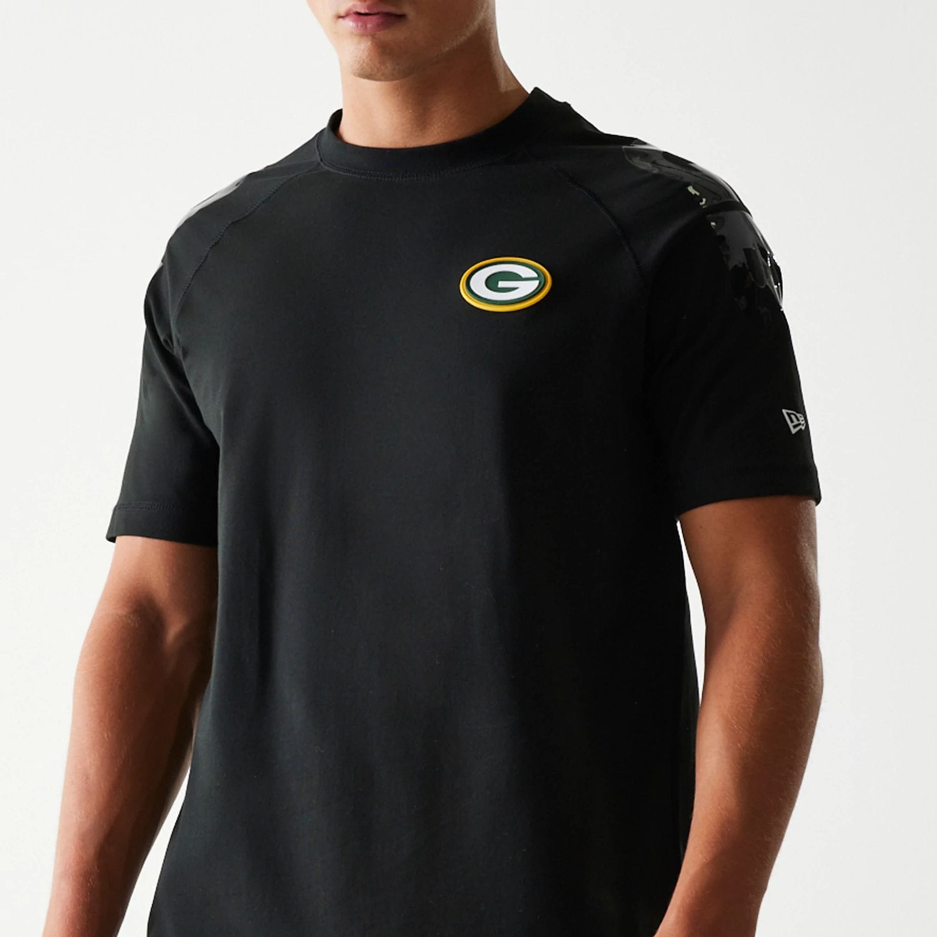 The Male model is wearing Green Bay Packers NFL 3RD Down Black T-Shirt 6