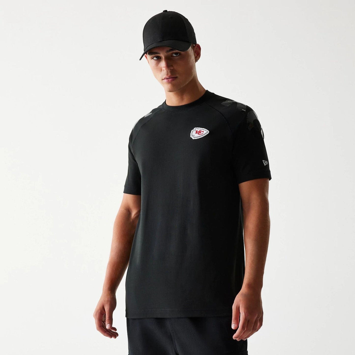 The Male model is wearing Kansas City Chiefs NFL 3RD Down Black T-Shirt 1