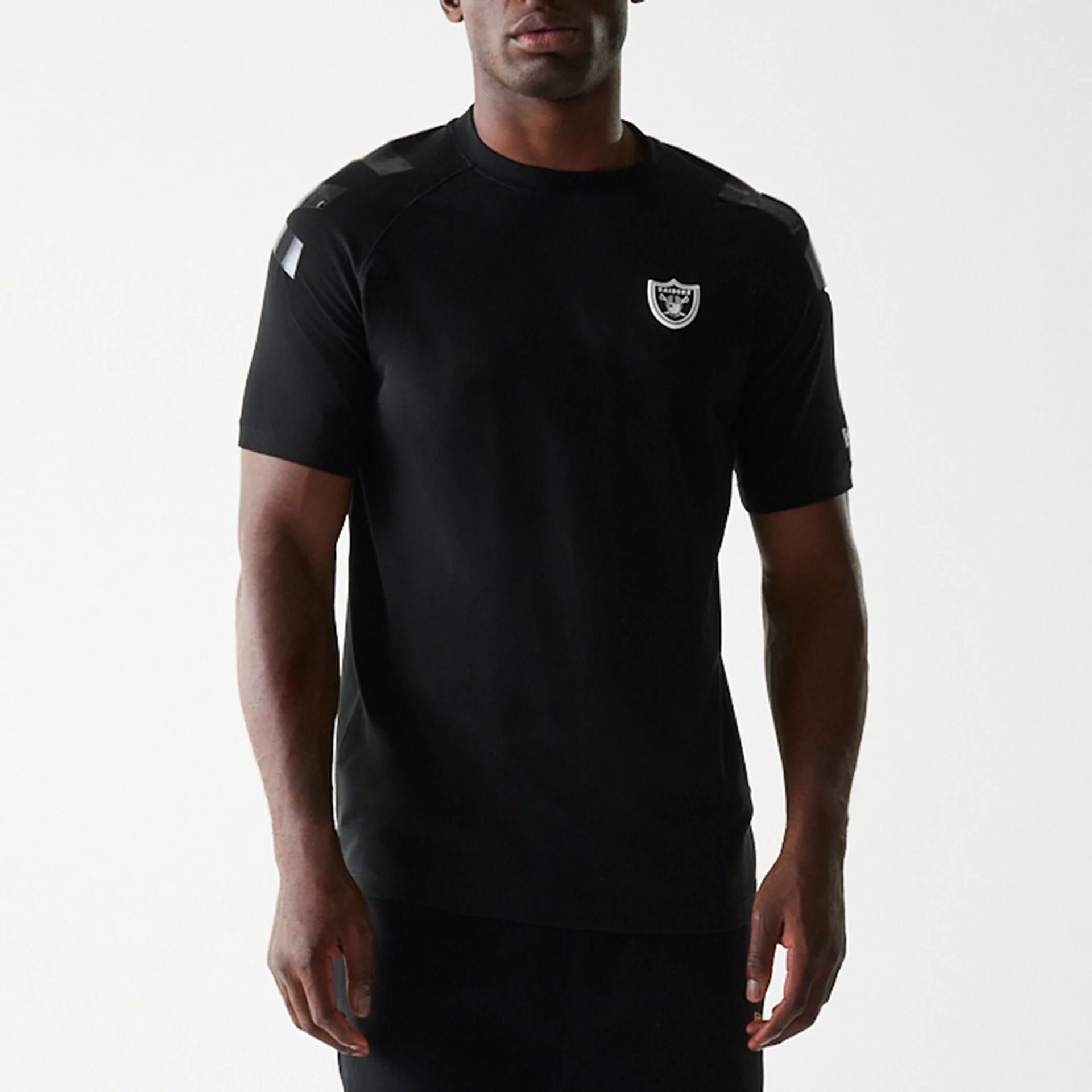 The Male model is wearing Las Vegas Raiders NFL 3RD Down Black T-Shirt 5