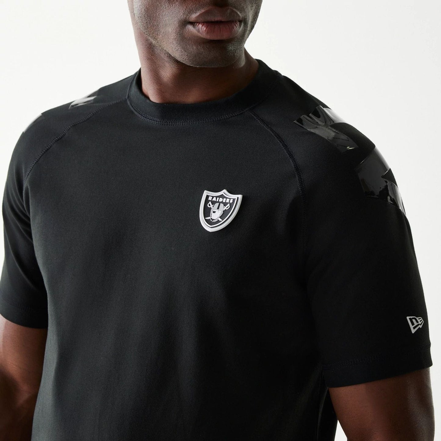 The Male model is wearing Las Vegas Raiders NFL 3RD Down Black T-Shirt 3
