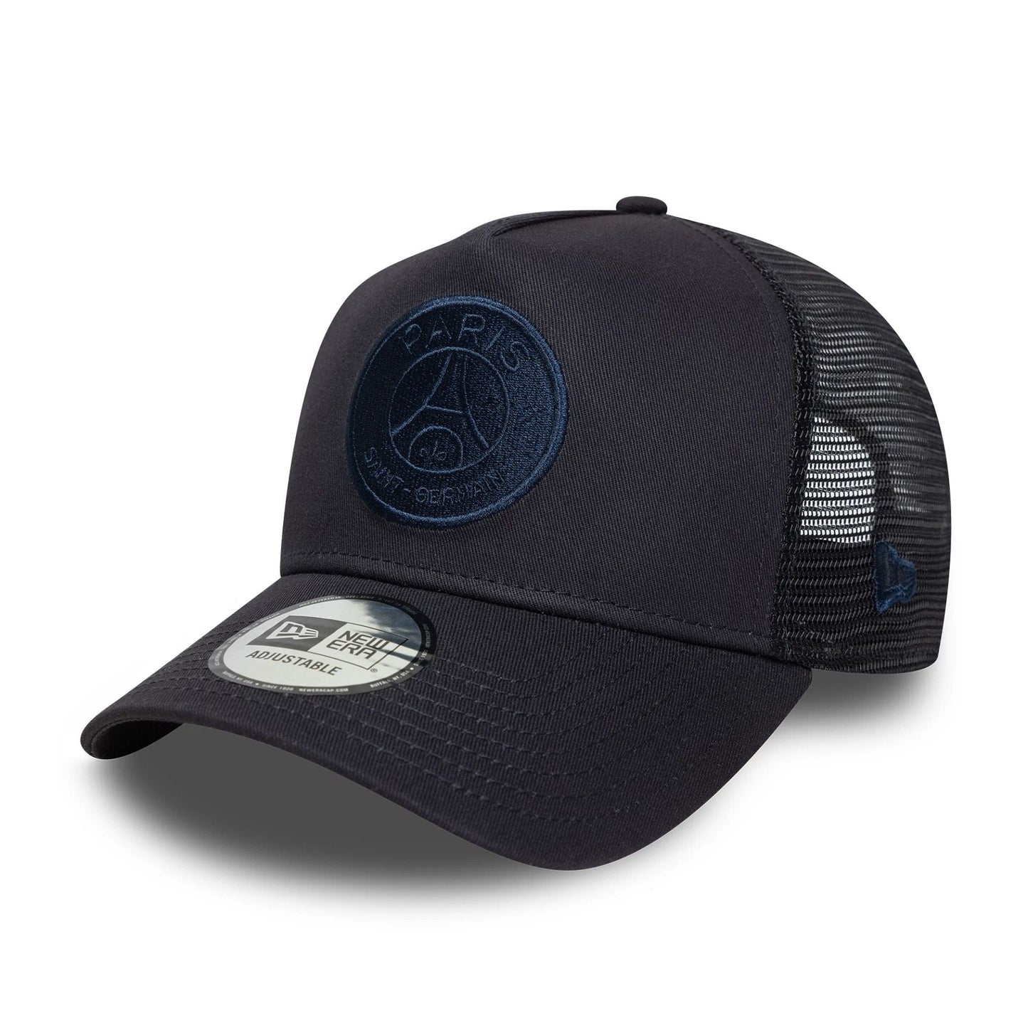 This is a Paris Saint-Germain Tonal Navy 9FORTY A-Frame Trucker Adjustable Cap 1