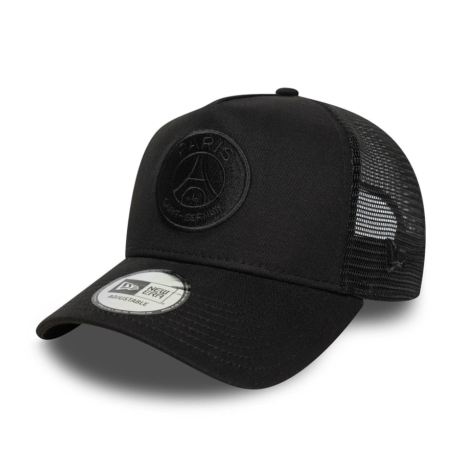 This is a Paris Saint-Germain Tonal Black 9FORTY A-Frame Trucker Adjustable Cap 1