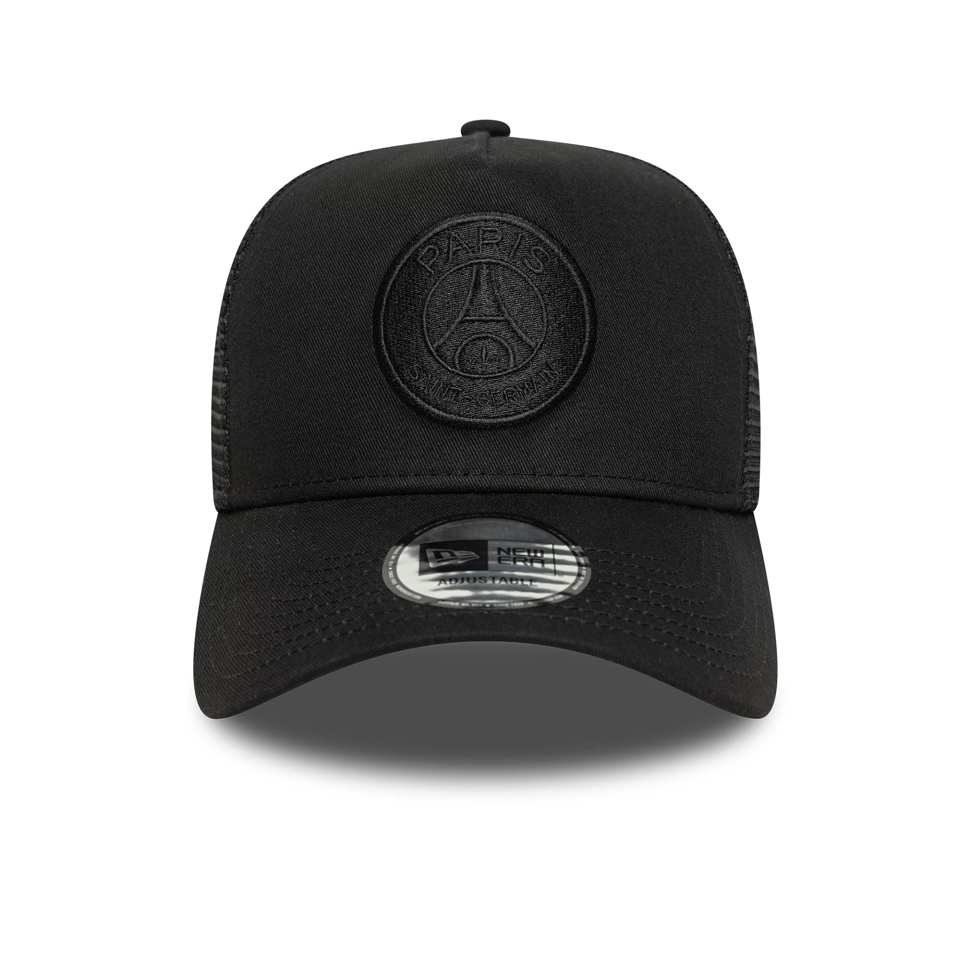 This is a Paris Saint-Germain Tonal Black 9FORTY A-Frame Trucker Adjustable Cap 2