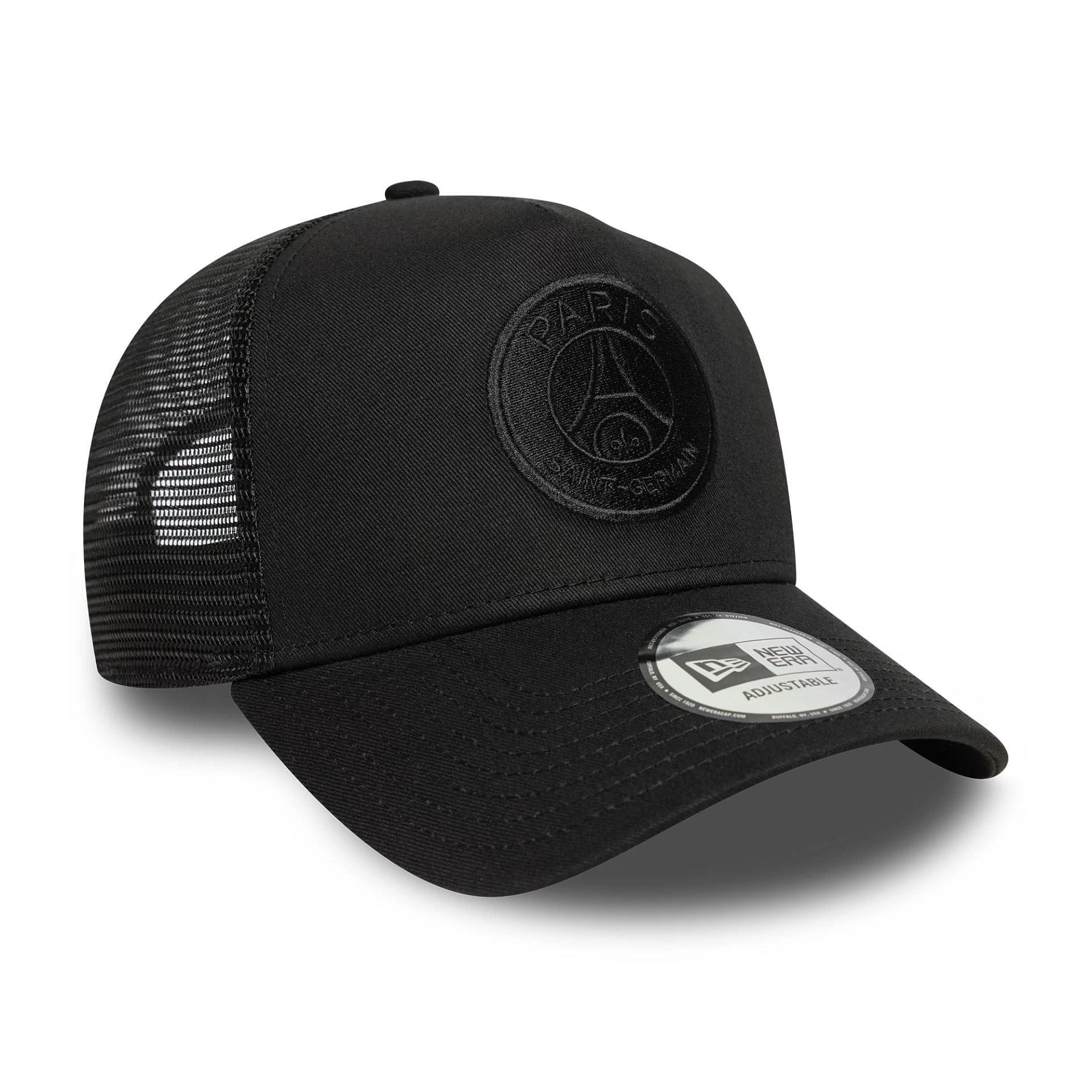 This is a Paris Saint-Germain Tonal Black 9FORTY A-Frame Trucker Adjustable Cap 3
