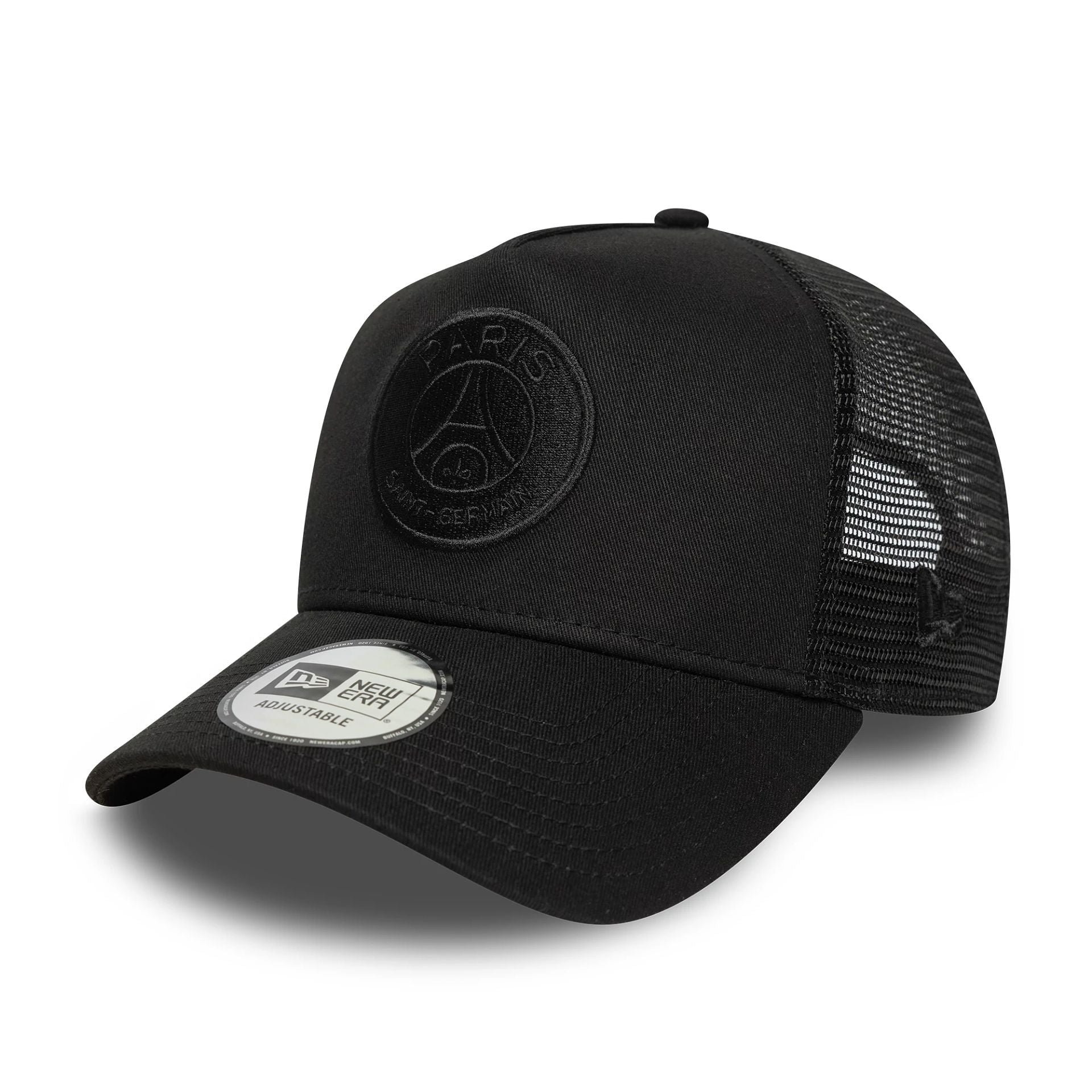 This is a Paris Saint-Germain Tonal Black 9FORTY A-Frame Trucker Adjustable Cap 1