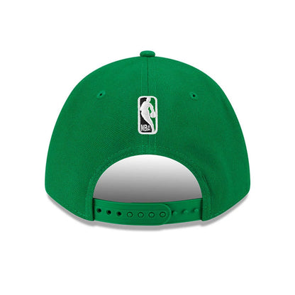 Boston Celtics NBA Team Green New Era 9FORTY M-Crown Adjustable Cap, rear view showing the white embroidered NBA logo at the centre of the back panels above the green adjustable strap, with matching green eyelets and top button.