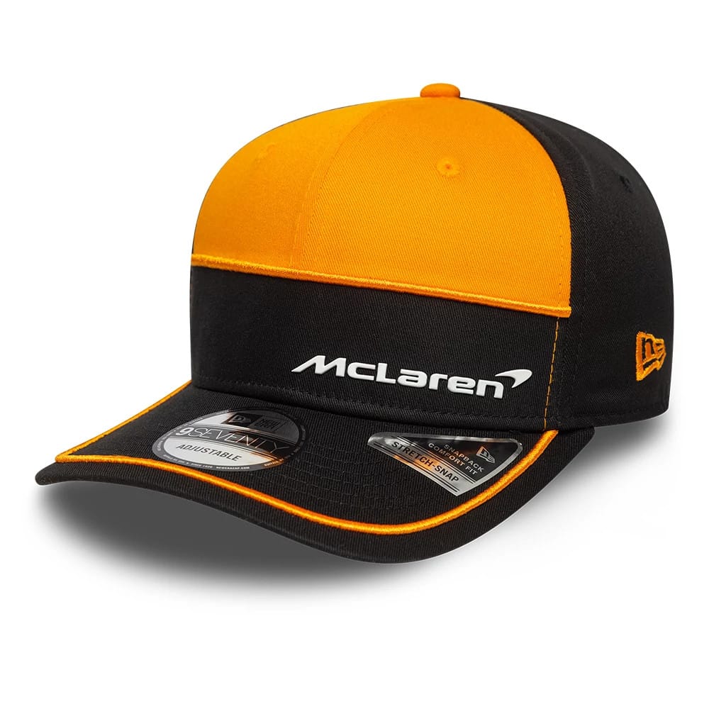 This is a McLaren Automotive Auto Bright Orange 9SEVENTY Stretch Snap Adjustable Cap 1