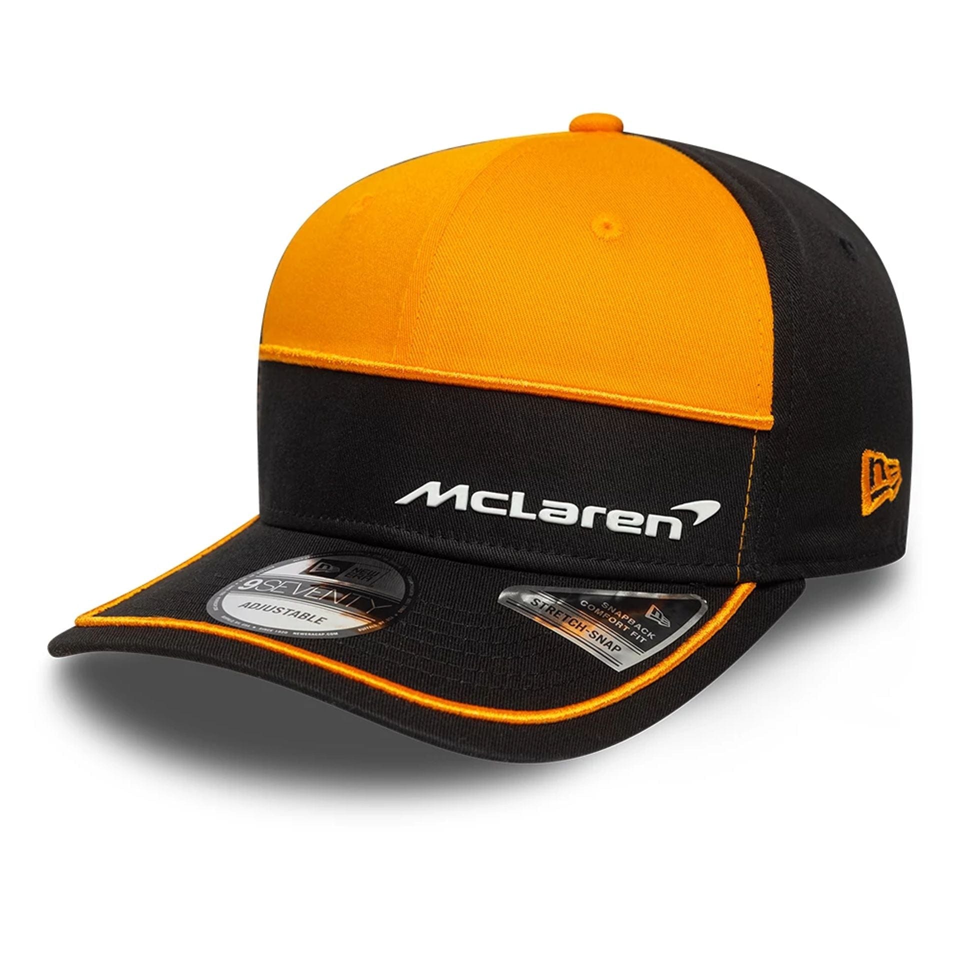This is a McLaren Automotive Auto Bright Orange 9SEVENTY Stretch Snap Adjustable Cap 1