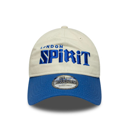 London Spirit The Hundred 2025 Contrast Light Beige New Era 9TWENTY Adjustable Cap, front view showing blue embroidered logo on the crown, a blue curved visor, and a 9TWENTY size sticker on the visor.
