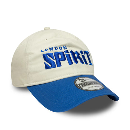 London Spirit The Hundred 2025 Contrast Light Beige New Era 9TWENTY Adjustable Cap, front view showing blue raised embroidery of the London Spirit wordmark on the front panel, with a blue visor and 9TWENTY size sticker on top.