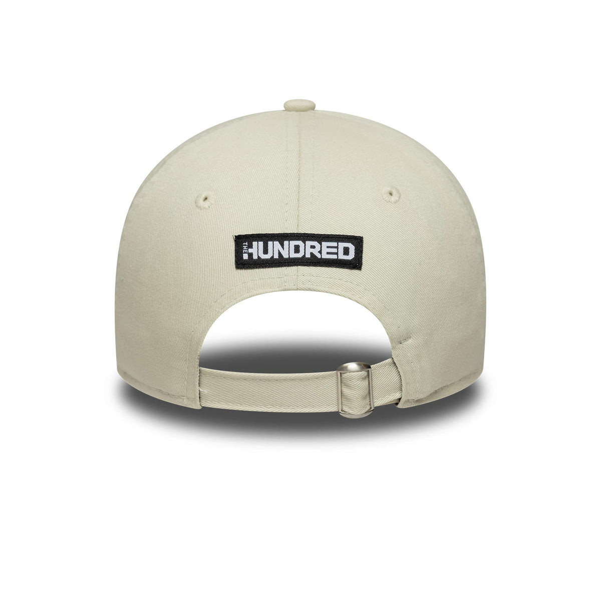 London Spirit The Hundred 2025 Contrast Light Beige New Era 9TWENTY Adjustable Cap, rear view showing the black and white embroidered The Hundred logo centred on the back panels, with a strap fastener and beige crown fabric.