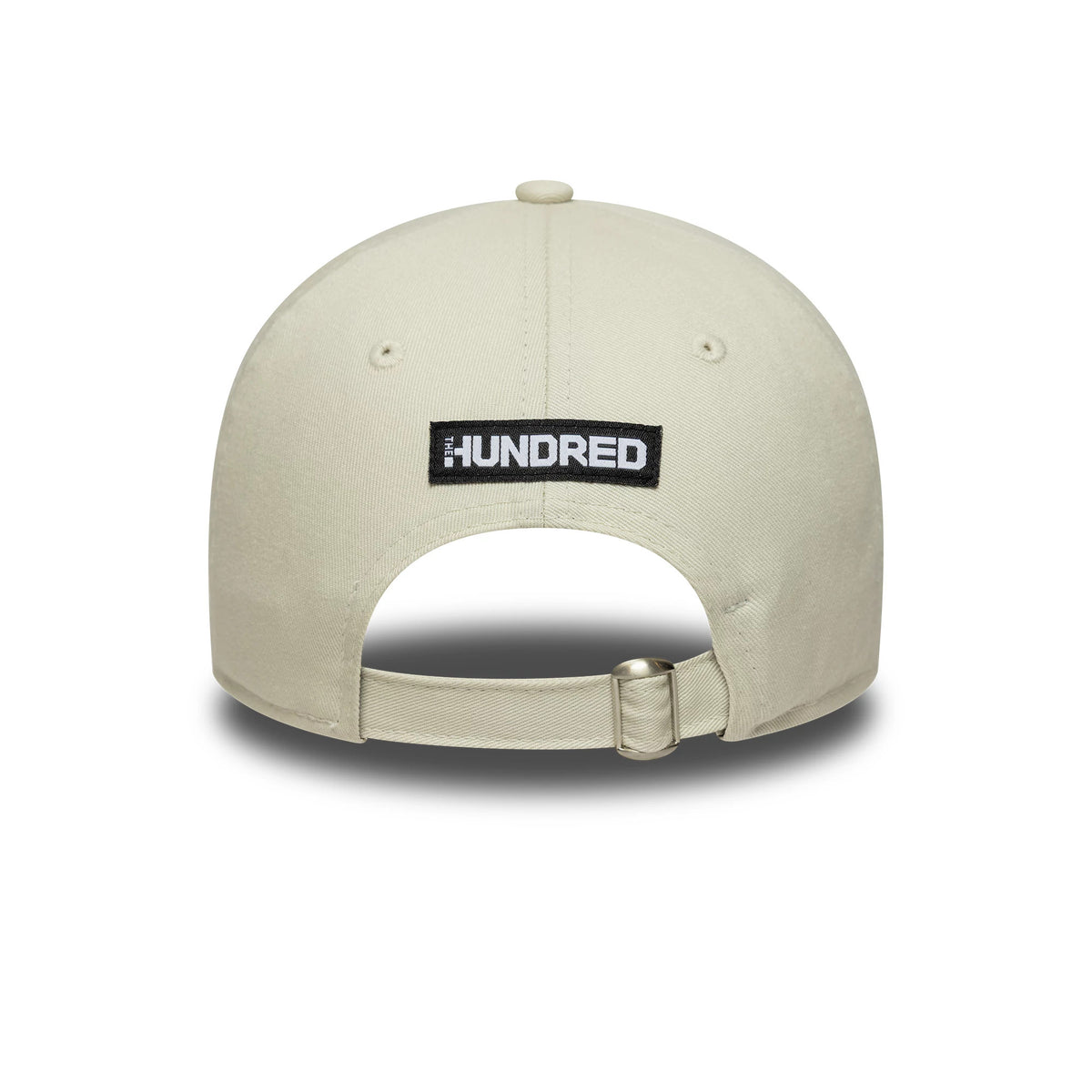 Oval Invincibles The Hundred 2025 Contrast Light Beige New Era 9TWENTY Adjustable Cap, rear view showing the black and white embroidered The Hundred logo on the back panel above the beige fabric strap with a buckle.