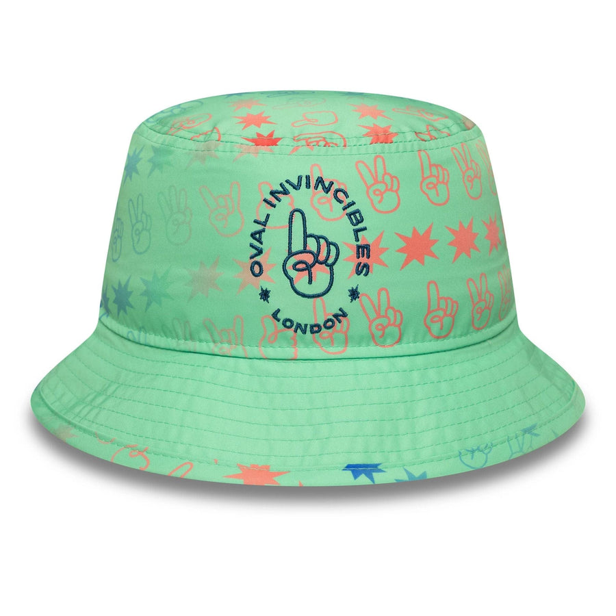 This is a Oval Invincibles The Hundred 2025 All Over Print Green Tapered Bucket Hat 2