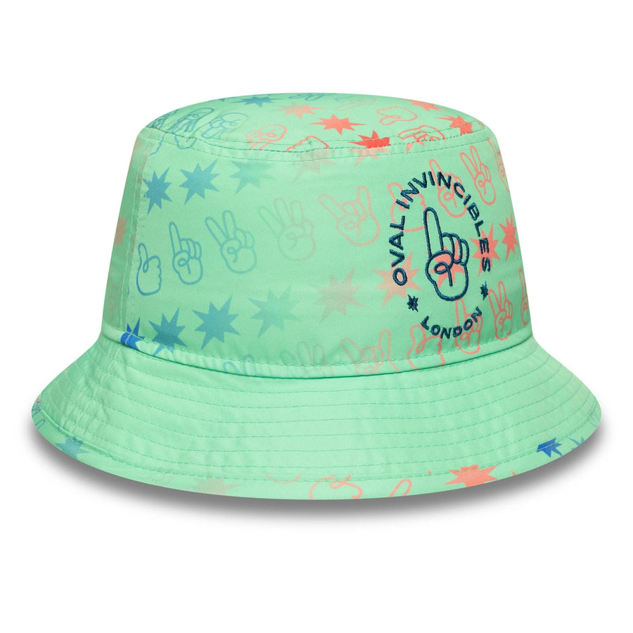 This is a Oval Invincibles The Hundred 2025 All Over Print Green Tapered Bucket Hat 3