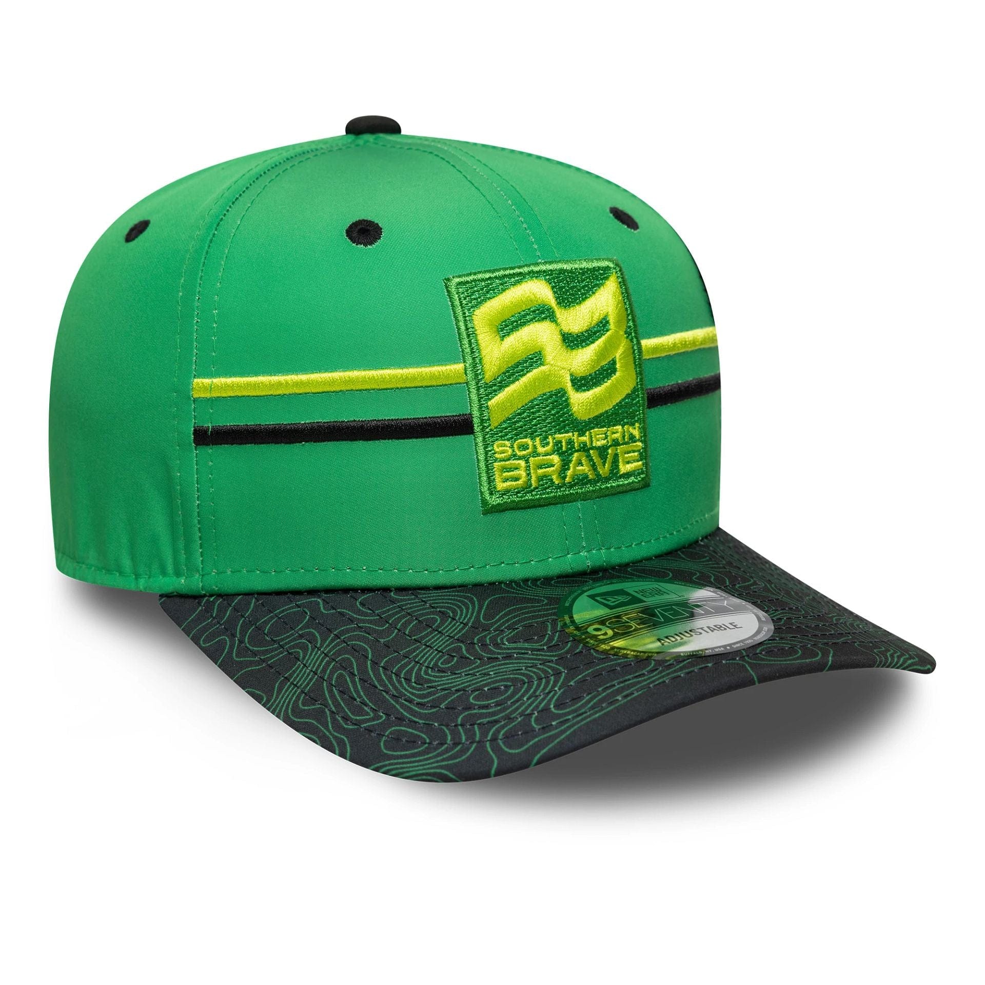 This is a Southern Brave The Hundred 2025 All Over Print Bright Green 9SEVENTY Stretch Snap Adjustable Cap 3