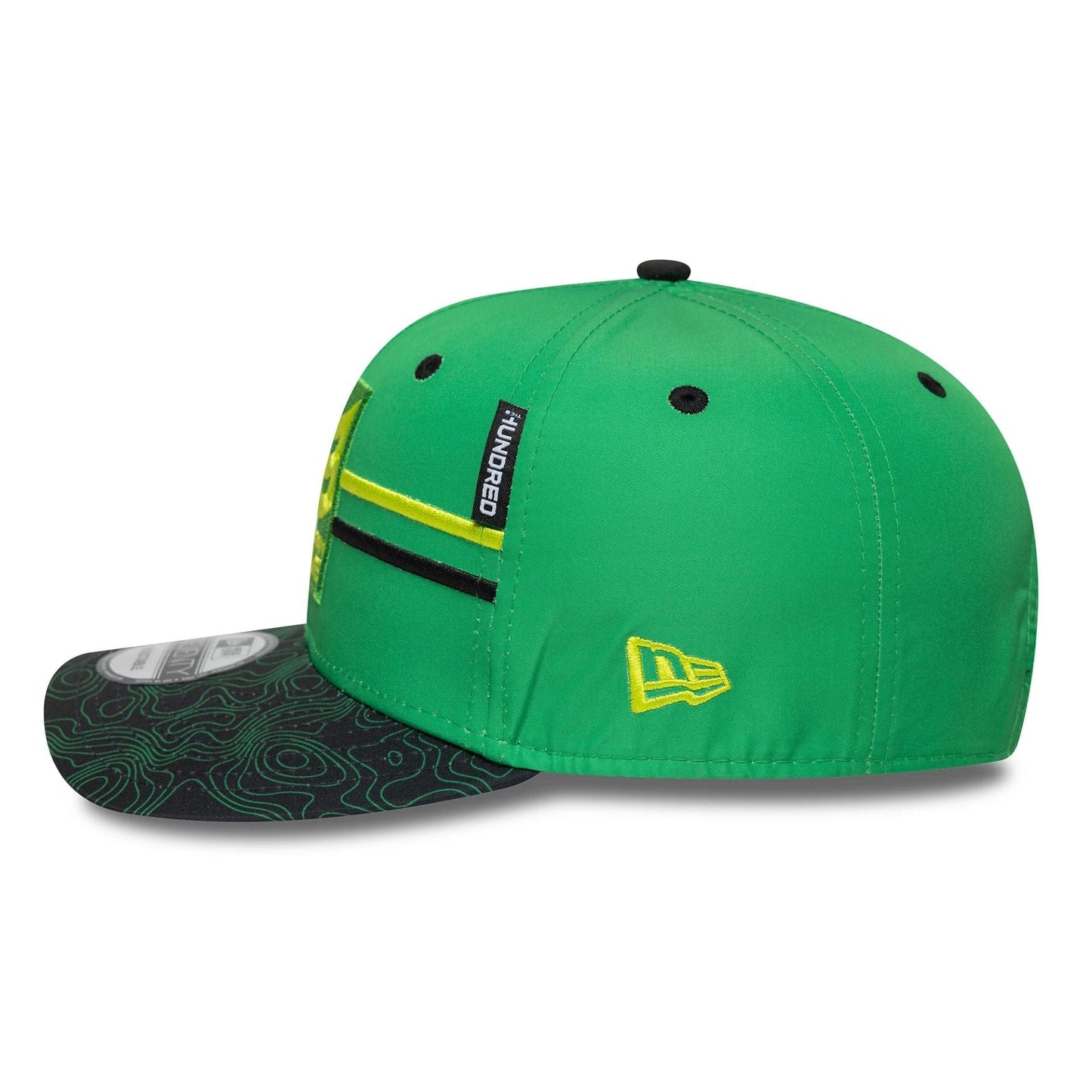 This is a Southern Brave The Hundred 2025 All Over Print Bright Green 9SEVENTY Stretch Snap Adjustable Cap 4