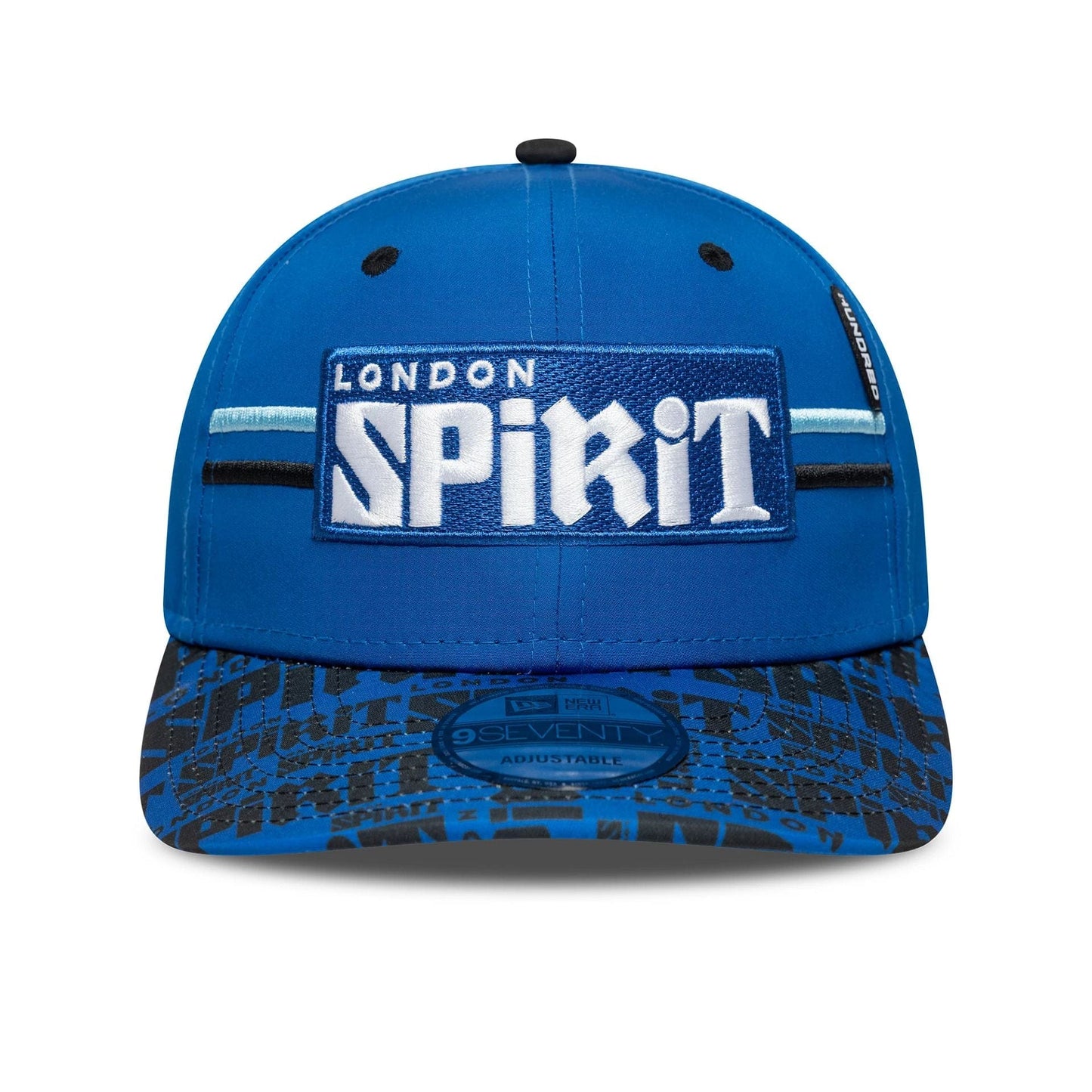 This is a London Spirit The Hundred 2025 All Over Print Blue 9SEVENTY Stretch Snap Adjustable Cap 2