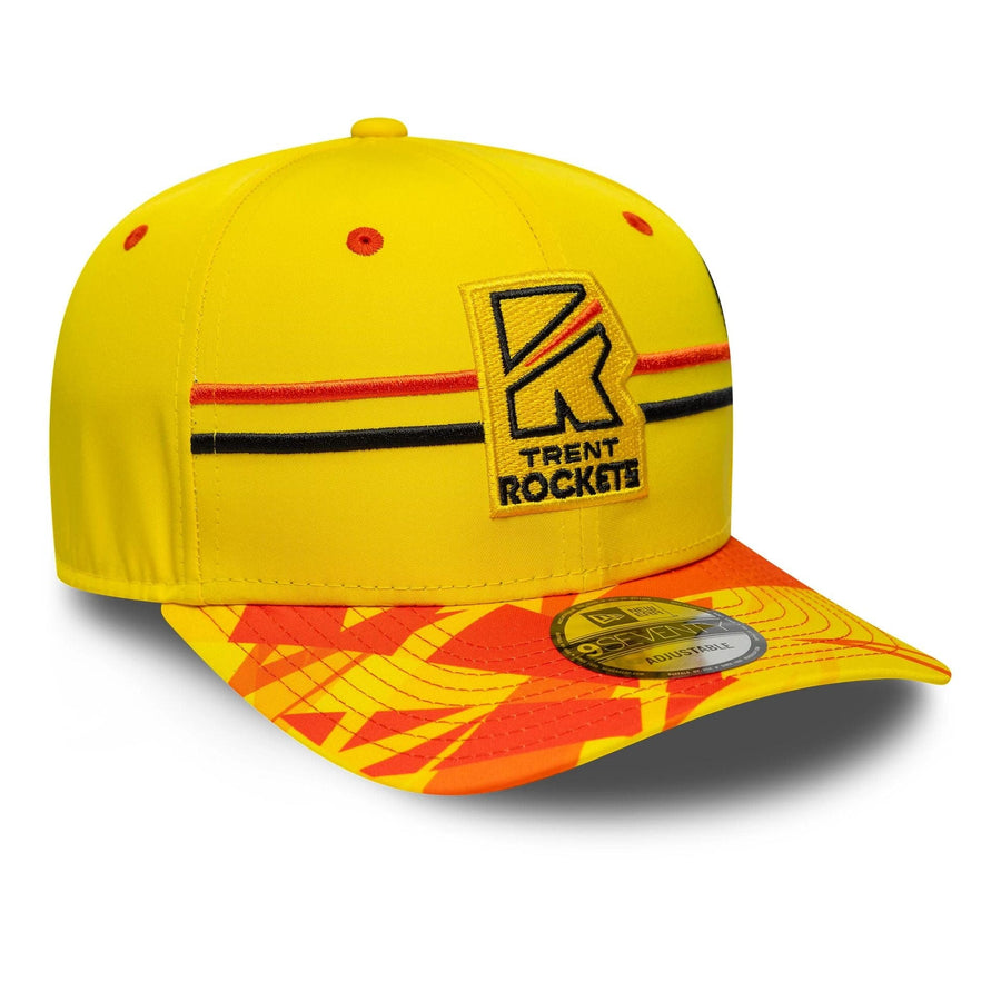 This is a Trent Rockets The Hundred 2025 All Over Print Bright Yellow 9SEVENTY Stretch Snap Adjustable Cap 3