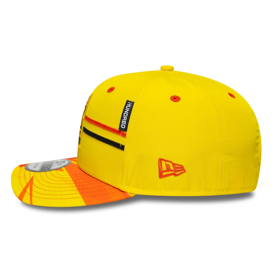 This is a Trent Rockets The Hundred 2025 All Over Print Bright Yellow 9SEVENTY Stretch Snap Adjustable Cap 4