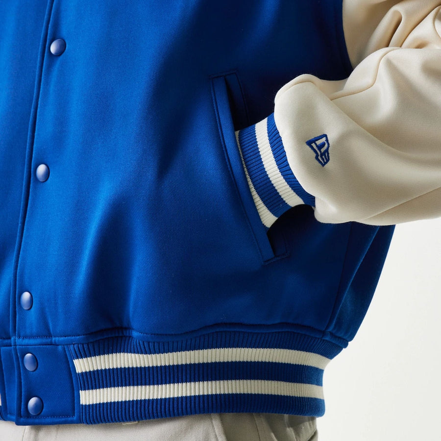 The Male model is wearing New York Mets MLB Jersey Blue Bomber Jacket 7