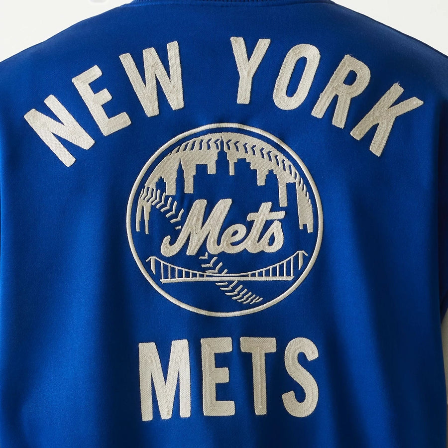The Male model is wearing New York Mets MLB Jersey Blue Bomber Jacket 4