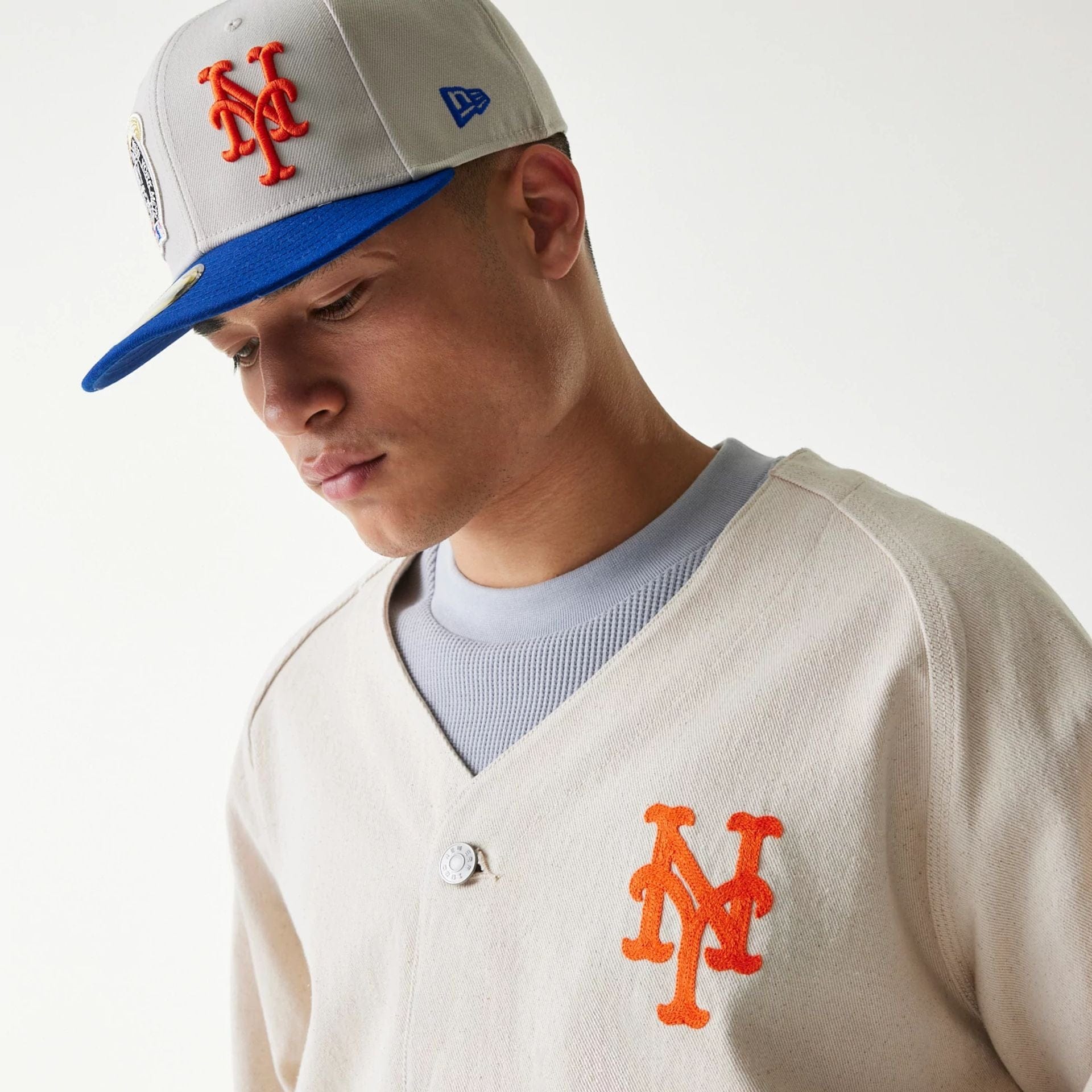 The Male model is wearing New York Mets MLB Cotton Open Cream Jacket 3