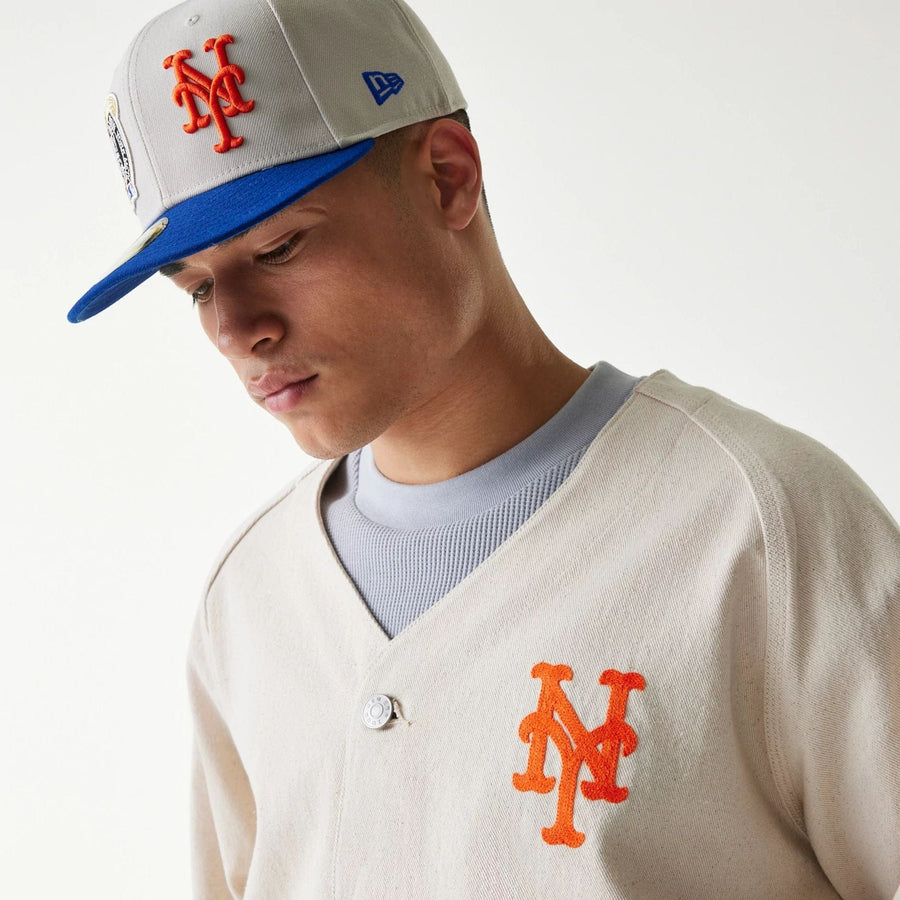 The Male model is wearing New York Mets MLB Cotton Open Cream Jacket 3