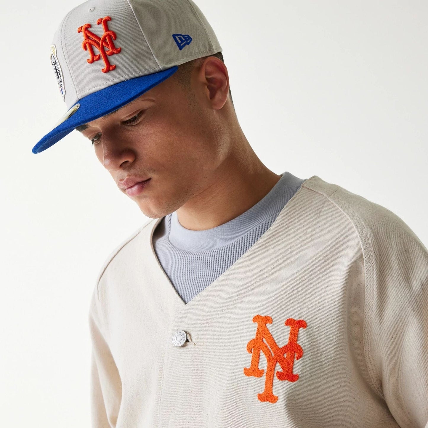 The Male model is wearing New York Mets MLB Cotton Open Cream Jacket 3
